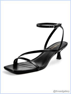 Kitten Heel Sandals Square Open Toe Ankle Buckle Faux Leather Dress Heels